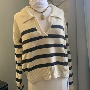 Cream with black stripes v-neck sweater
